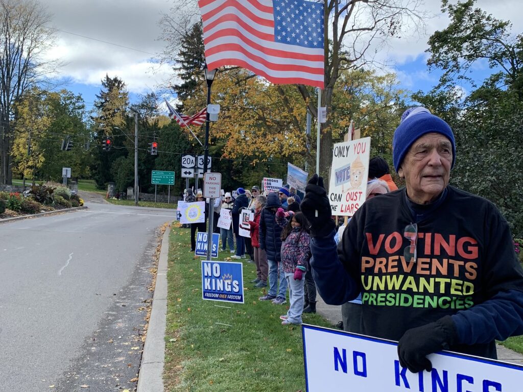 Protesters holding No Kings and voting rights signs roadside